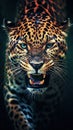 Fierce Jaguar in Dark Grungeon Background. Generative AI