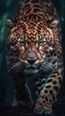 Fierce Jaguar Roaming in Dark Grungeon. Generative AI