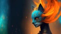 Fierce kasai kitsune female fox with fiery flame red hair and piercing gaze - Generative AI