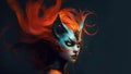 Fierce kasai kitsune female fox with fiery flame red hair and piercing gaze - Generative AI