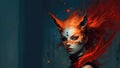 Fierce kasai kitsune female fox with fiery flame red hair and piercing gaze - Generative AI