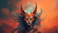 Fierce kasai kitsune female fox with fiery flame red hair and piercing gaze - Generative AI