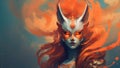 Fierce kasai kitsune female fox with fiery flame red hair and piercing gaze - Generative AI