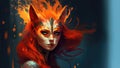 Fierce kasai kitsune female fox with fiery flame red hair and piercing gaze - Generative AI