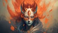 Fierce kasai kitsune female fox with fiery flame red hair and piercing gaze - Generative AI