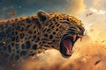 Fierce leopard roaring with bared teeth, asserting dominance in the african savanna landscape Royalty Free Stock Photo
