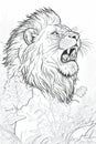 Fierce lion roaring in the jungle, line art for coloring book, white background, AI generative