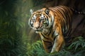 A fierce and majestic Bengal Tiger prowling through the jungle, showing off its fierce and majestic nature. Generative AI Royalty Free Stock Photo