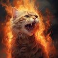 Fierce ginger cat inflamed with orange fire flames