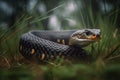 A fierce and powerful King Cobra slithering through the grass, showing off its fierce and powerful nature. Generative AI