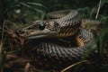 A fierce and powerful King Cobra slithering through the grass, showing off its fierce and powerful nature. Generative AI