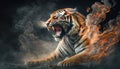 The Fierce Predator: An Angry Tiger with Fire and Smoke, Apex Predator, Generative AI