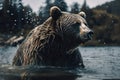 A fierce and predatory grizzly bear fishing in a river Generative AI Royalty Free Stock Photo