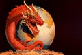 a fierce red dragon crawling around a globus of earth, symbolizing the power and dominance of China