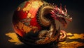 a fierce red dragon crawling around a globus of earth, symbolizing the power and dominance of China