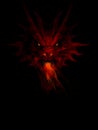 Fierce red dragon head emerging from darkness