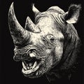 Fierce rhino head roaring, its large horn in focus and teeth bared, symbolizing strength and Royalty Free Stock Photo