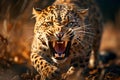 Powerful Panthera roaring, displaying aggression and anger with open mouth and sharp teeth - AI generated