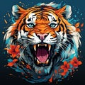 Fierce Roaring Tiger Amidst Vivid Blue and Orange Floral Backdrop. AI generation