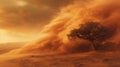 Fierce sandstorm blankets landscape, with a solitary tree enduring in a sea of orange-brown