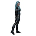 Fierce Scifi Woman Walking with Turquoise Hair and Eyes, 3D Illustration, 3D rendering