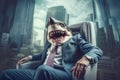 Fierce shark businessman wearing suit sitting in leather armchair in its luxury office in city business center. Generative AI