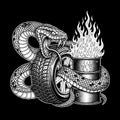 Aggressive Snake Coiled Around Burning Tire and Oil Drum Royalty Free Stock Photo