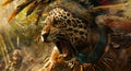 With a fierce snarl an Aztec jaguar warrior charges into battle his body adorned with elaborate body paint and feathers