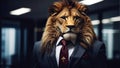 Fierce strong lion in elegant business suit as company manager posing in business office, generative ai