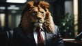 Fierce strong lion in elegant business suit as company manager posing in business office, generative ai