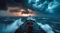 A fierce thunderstorm rages above a cargo ship its crew trying to maintain control as they navigate through rough waters