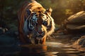 Fierce Tiger drinking river. Generate Ai Royalty Free Stock Photo