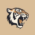 Fierce tiger head illustration beige background. Graphic design angry tiger showing teeth, orange