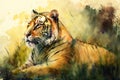 A fierce tiger resting in the grass, with a watercolor background Generative AI Royalty Free Stock Photo