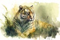 A fierce tiger resting in the grass, with a watercolor background Generative AI Royalty Free Stock Photo