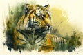 A fierce tiger resting in the grass, with a watercolor background Generative AI Royalty Free Stock Photo