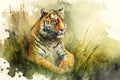 A fierce tiger resting in the grass, with a watercolor background Generative AI Royalty Free Stock Photo