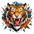 Fierce tiger roaring through a broken surface isolated on white background Royalty Free Stock Photo