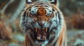 Fierce tiger showing teeth and locked gaze with camera, AI-generated. Royalty Free Stock Photo