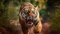 A fierce tiger sprints towards the camera, jaws wide open. Generative AI Royalty Free Stock Photo