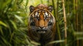 A fierce tiger stealthily moves through tall grass, blending in the morning light Royalty Free Stock Photo