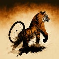 Fierce tiger in traditional Chinese brush painting style (generative AI)