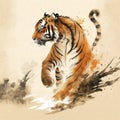 Fierce tiger in traditional Chinese brush painting style (generative AI)