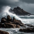 Fierce Waves Against Rocky Coastline Amidst Storm Clouds