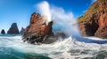 Fierce Waves Clashing with Giant Rocks by the Cliff