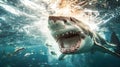 Fierce white shark with gaping jaws and sharp teeth hunting fish prey in the deep blue ocean waters showcasing the power and Royalty Free Stock Photo