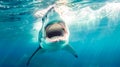 Fierce white shark with its jaws open and razor sharp teeth showing photographed from below the surface of the deep blue ocean