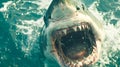 Fierce white shark with open jaws and sharp teeth aggressively hunting its prey in the deep blue ocean displaying its power and Royalty Free Stock Photo