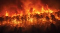 A fierce wildfire rages through a dense forest, engulfing trees in bright orange flames.