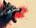 Fierce wolf head snarls baring sharp teeth, glowing yellow eyes. Red paint splatters on light background suggest danger, Royalty Free Stock Photo